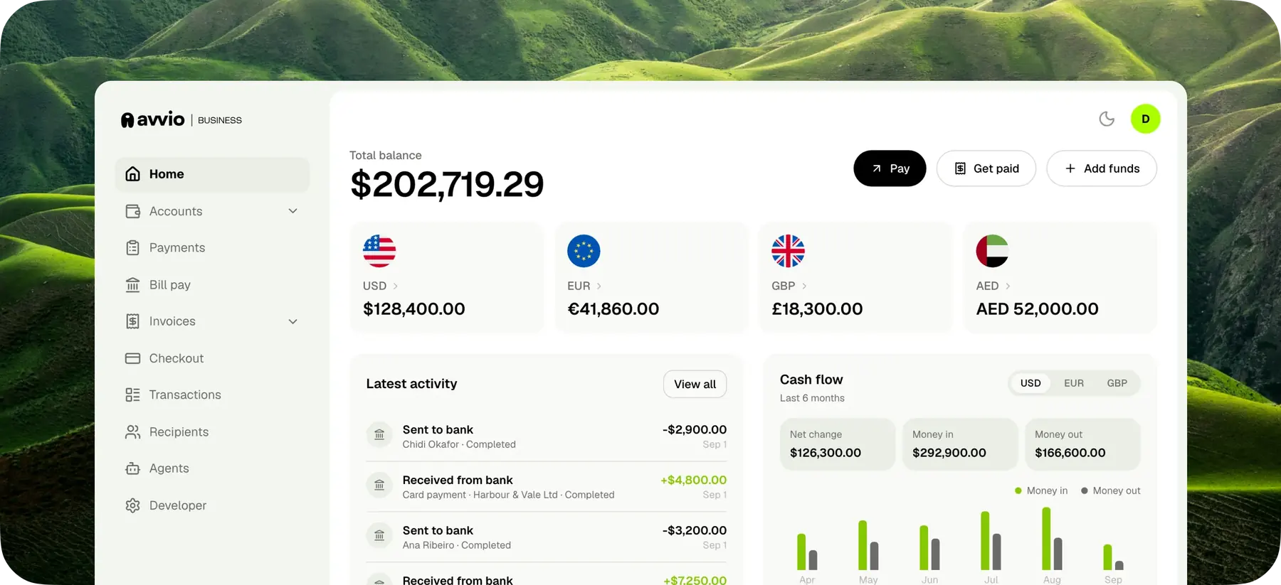 Avvio Business dashboard showing multi-currency balances, payouts landing in seconds, and cash flow