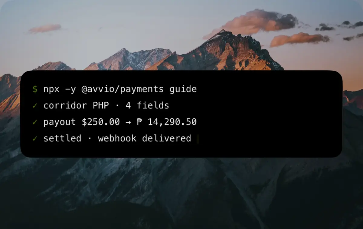 Avvio payments CLI settling a payout and delivering a webhook