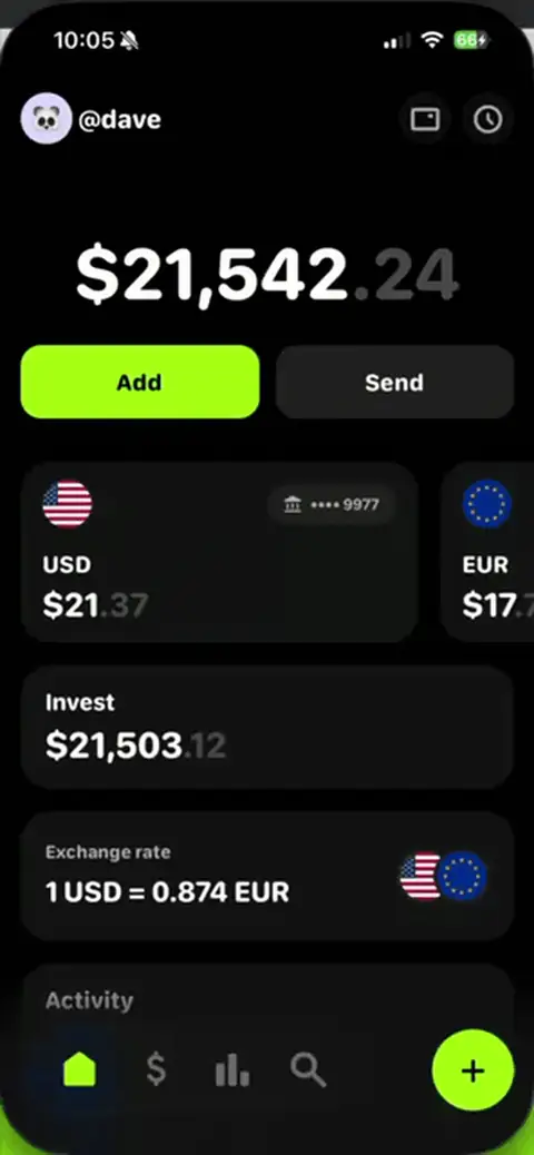 Avvio app walkthrough showing a USD balance and multi-currency bank details