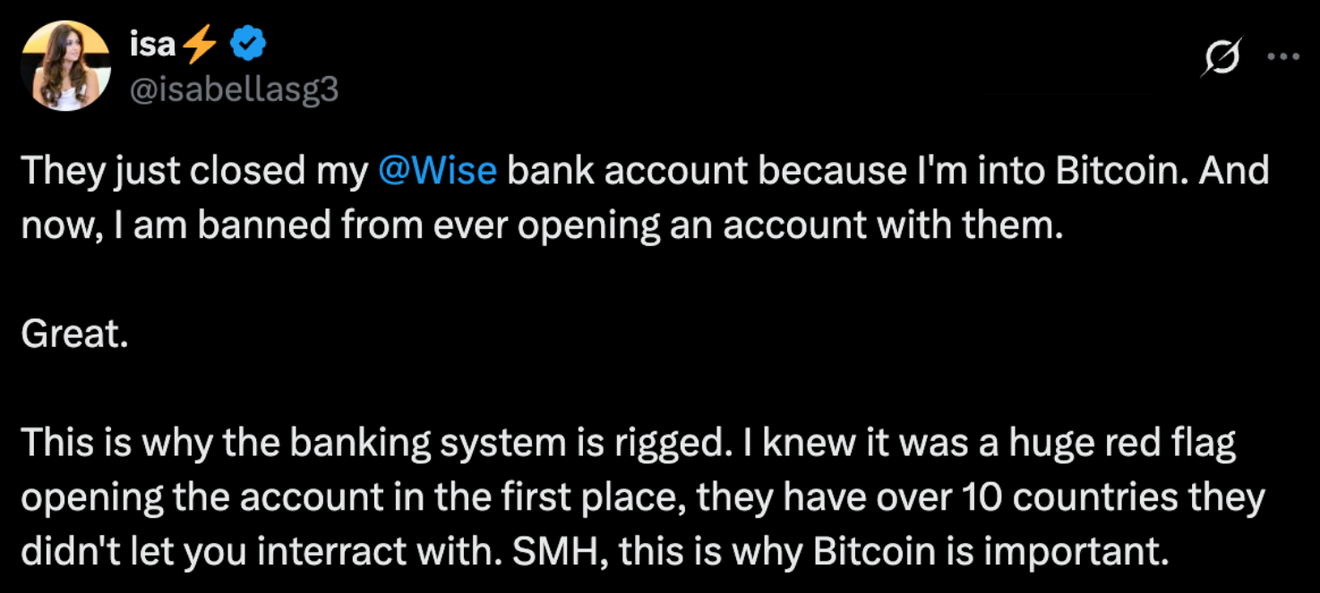 isa on X: Wise closed her account because she's into Bitcoin and banned her from ever opening another